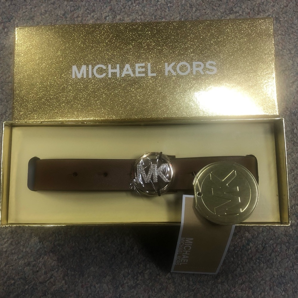 Michael Kors Brown Leather Strap Watch with Gold-tone Crystal MK Accent